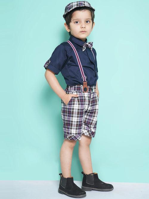 Boys Dark Blue Cotton Blend Checkered Collar Neck Kids Clothing Set