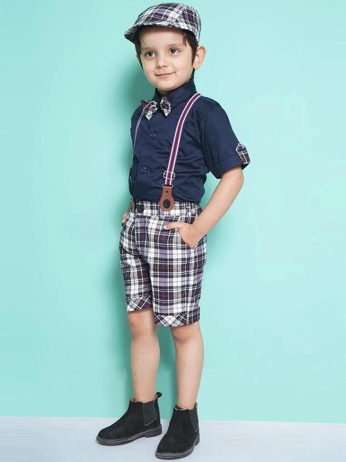 Boys Dark Blue Cotton Blend Checkered Collar Neck Kids Clothing Set