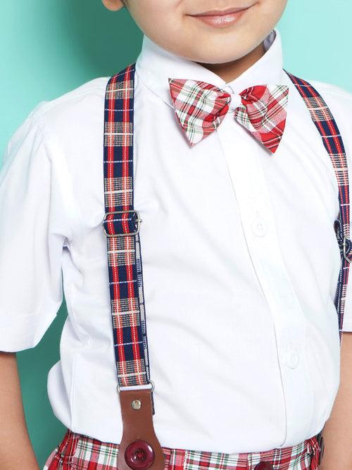 Boys White Cotton Blend Checkered Collar Neck Kids Clothing Set