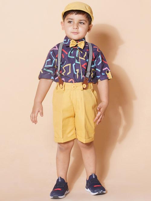 Boys Yellow Cotton Printed Shirt Shorts With Cap and Suspender Set