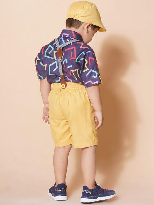 Boys Yellow Cotton Printed Shirt Shorts With Cap and Suspender Set