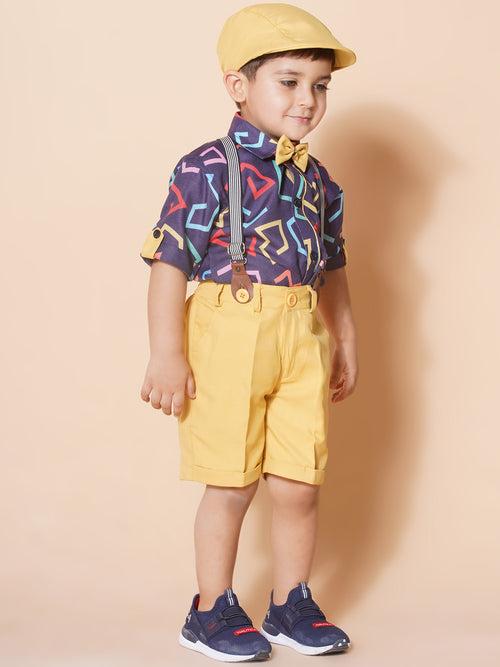 Boys Yellow Cotton Printed Shirt Shorts With Cap and Suspender Set