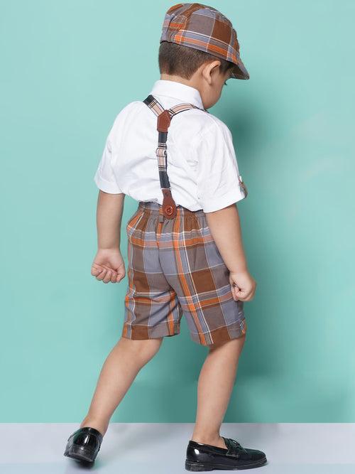 Boys Kids Brown Cotton Check Printed Shirt Shorts With Cap and Suspender Set