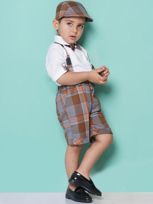 Boys Kids Brown Cotton Check Printed Shirt Shorts With Cap and Suspender Set