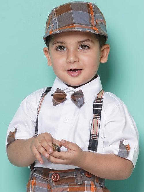 Boys Kids Brown Cotton Check Printed Shirt Shorts With Cap and Suspender Set