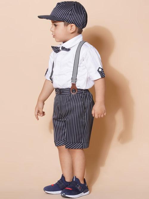 Boys Kids Black Cotton Strip Printed Shirt Shorts With Cap and Suspender Set