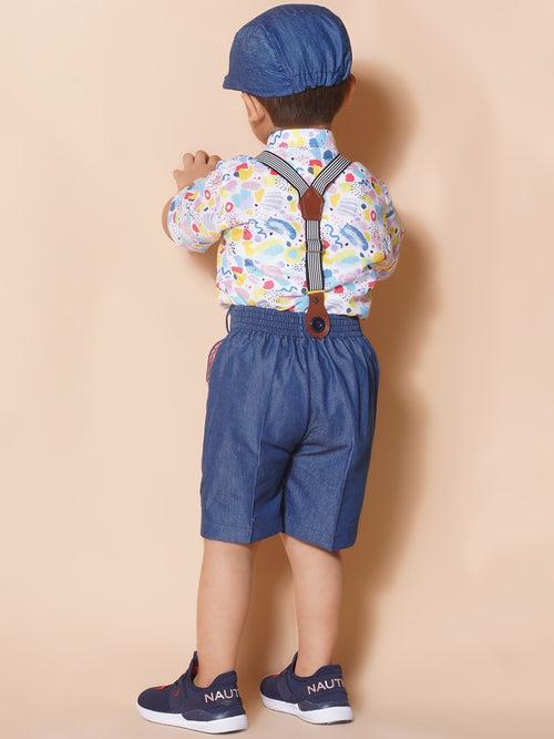 Boys Kids Blue Cotton Printed Shirt Shorts With Cap and Suspender Set