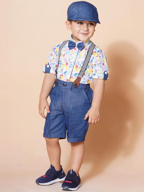 Boys Kids Blue Cotton Printed Shirt Shorts With Cap and Suspender Set