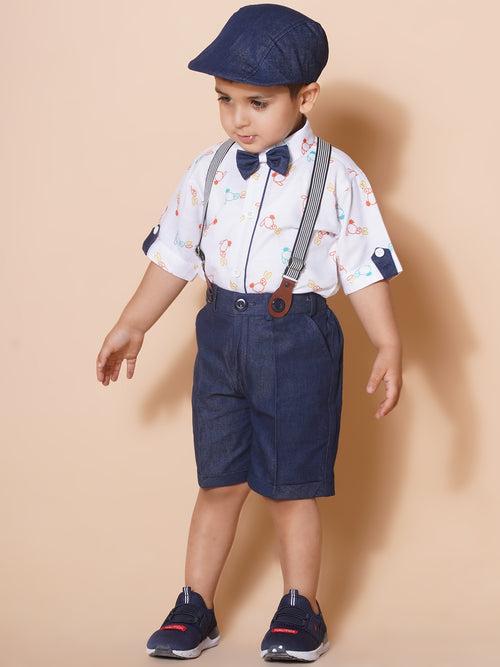 Boys Kids White Cotton Printed Shirt Shorts With Cap and Suspender Set