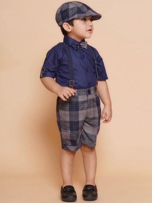 Boys Kids Navy Blue Cotton Printed Shirt Shorts With Cap and Suspender Set