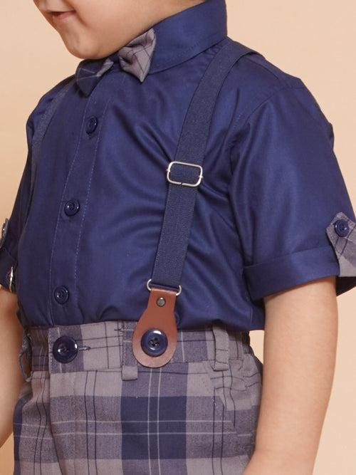 Boys Kids Navy Blue Cotton Printed Shirt Shorts With Cap and Suspender Set