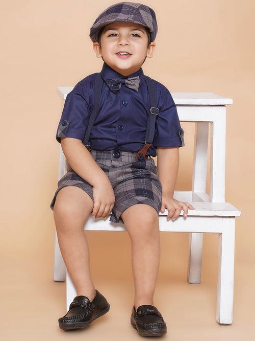 Boys Kids Navy Blue Cotton Printed Shirt Shorts With Cap and Suspender Set