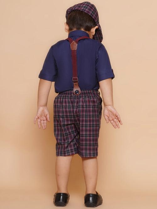 Boys Kids Purple Cotton Printed Shirt Shorts With Cap and Suspender Set