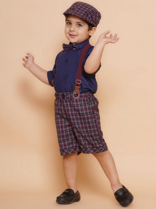 Boys Kids Purple Cotton Printed Shirt Shorts With Cap and Suspender Set