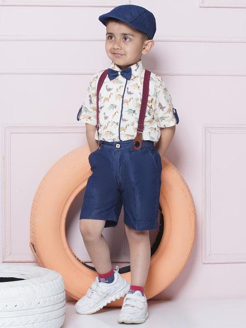 Green Kids Cotton Printed Shirt Shorts With Cap and Suspender Set For Boys