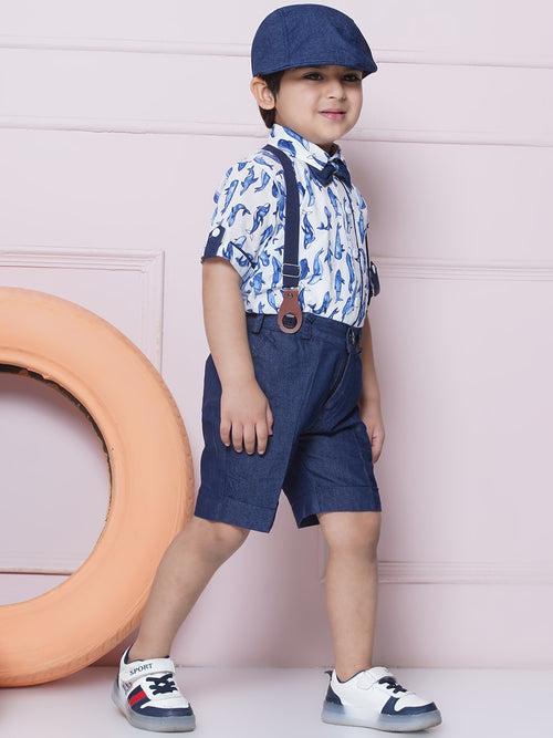 Kids Cotton Printed Shirt Shorts With Cap and Suspender Set For Boys