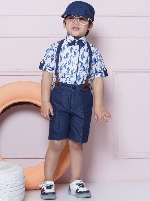 Kids Cotton Printed Shirt Shorts With Cap and Suspender Set For Boys