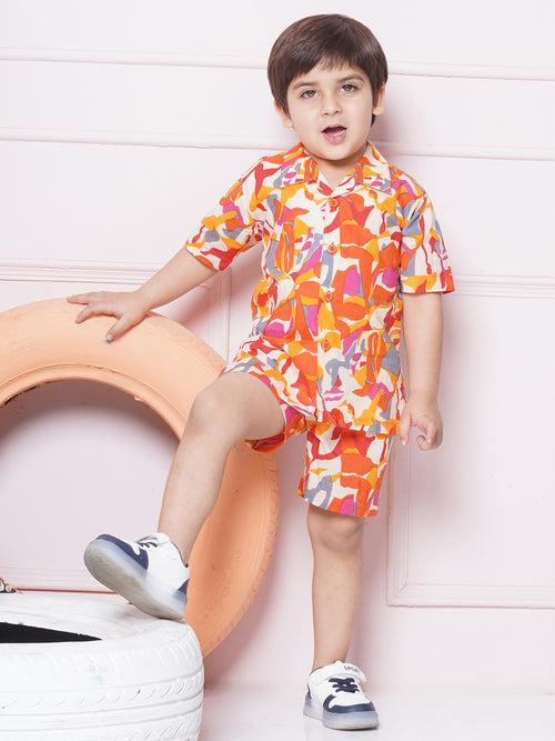 Orange Cotton Shirt & shorts Half Sleeves with Collar and Abstract Print CO-ORDS Set for Boys