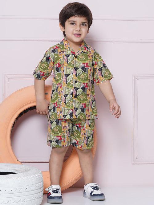 Green Cotton Shirt & shorts Half Sleeves with Collar and Printed CO-ORDS Set for Boys