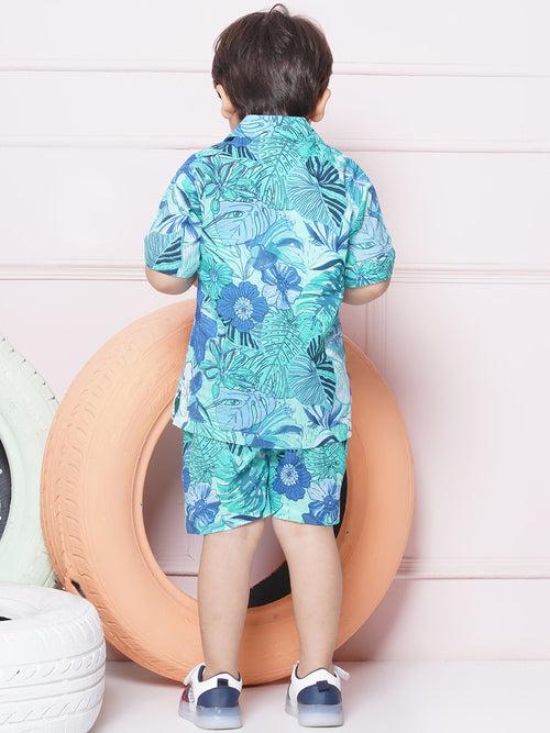 Blue Cotton Shirt & shorts Half Sleeves with Collar and Floral CO-ORDS Set for Boys