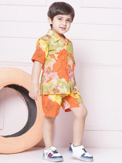 Red Cotton Shirt & shorts Half Sleeves with Collar and Floral CO-ORDS Set for Boys