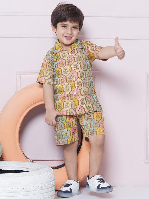 Beige Cotton Shirt & shorts Half Sleeves with Collar and Floral CO-ORDS Set for Boys