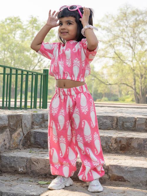 AJ Dezines Half Sleeves Pink Paisley Print Cotton Top and Pant for Girls