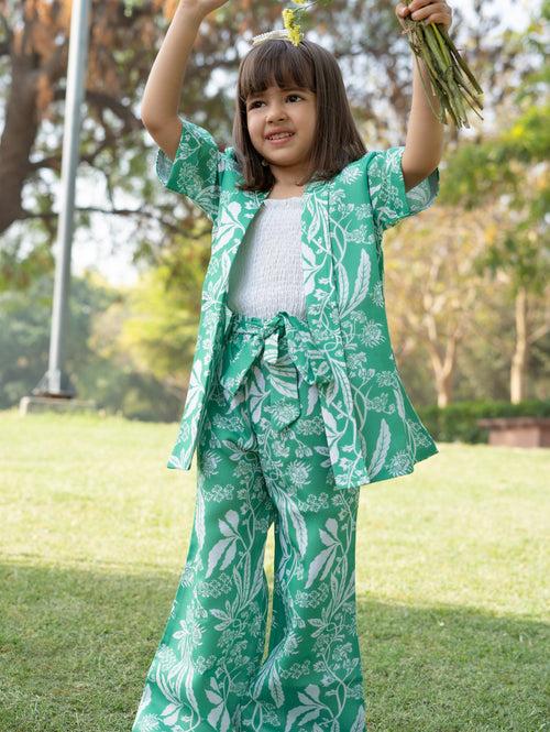 AJ Dezines Half Sleeves Green Tropical Print Cotton Top Pant and Shrug for Girls