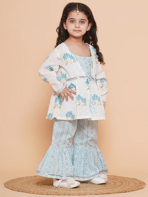 Kids White Cotton Floral Printed Kurta Sharara with Shrug Set For Girls