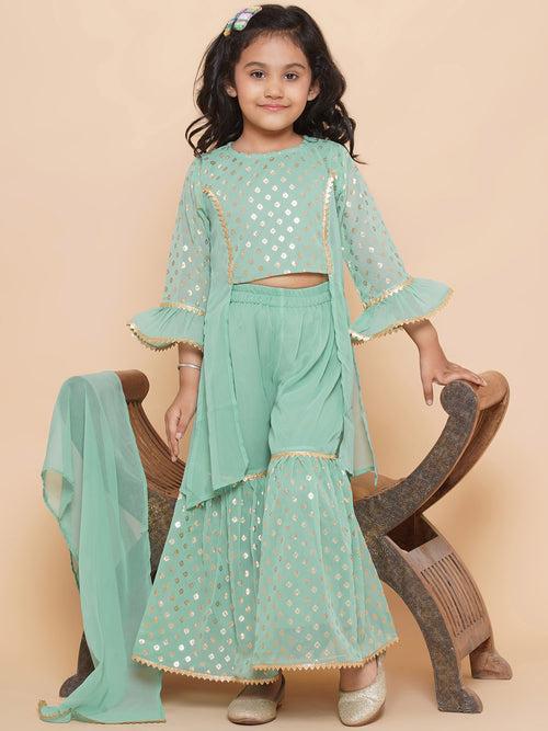 Girls Green Georgette Printed Round Neck Kurta Sharara Dupatta Set