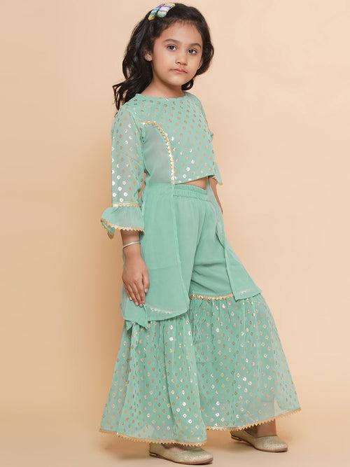 Girls Green Georgette Printed Round Neck Kurta Sharara Dupatta Set