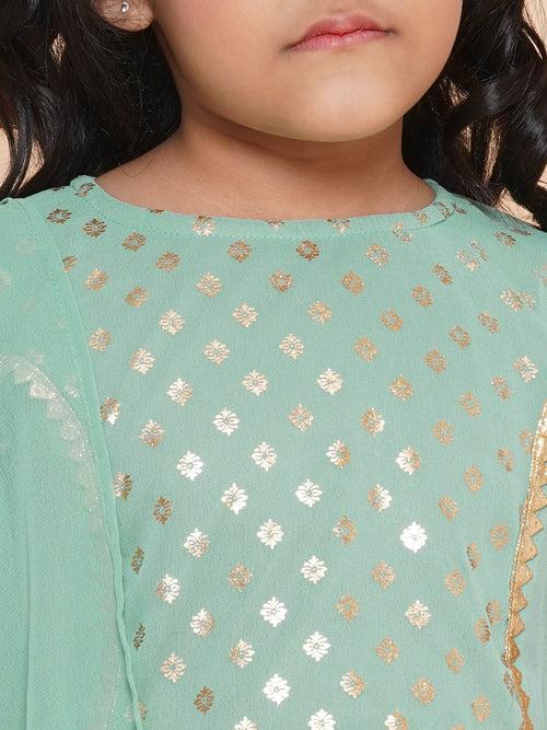 Girls Green Georgette Printed Round Neck Kurta Sharara Dupatta Set