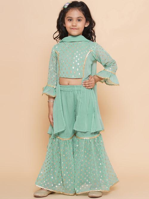 Girls Green Georgette Printed Round Neck Kurta Sharara Dupatta Set