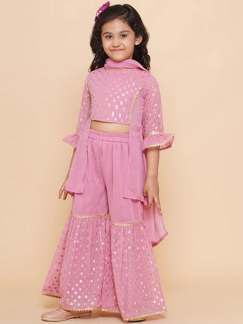 Girls Pink Georgette Printed Round Neck Kurta Sharara Dupatta Set