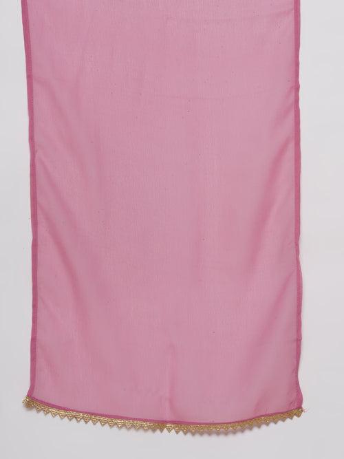 Girls Pink Georgette Printed Round Neck Kurta Sharara Dupatta Set