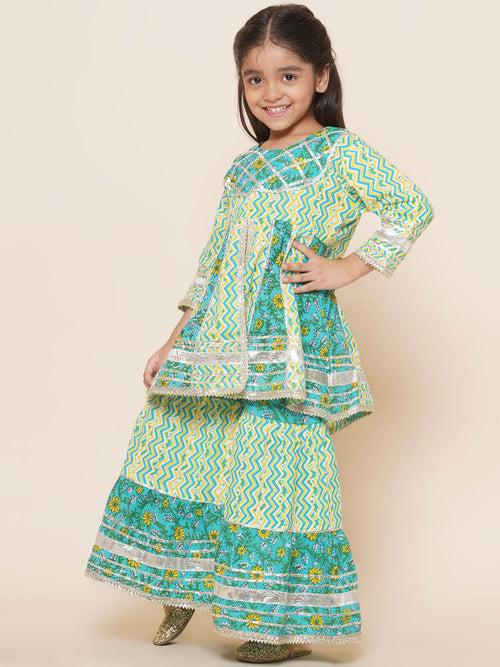 Girls Cotton Green Anarkali Kurta Sharara Set