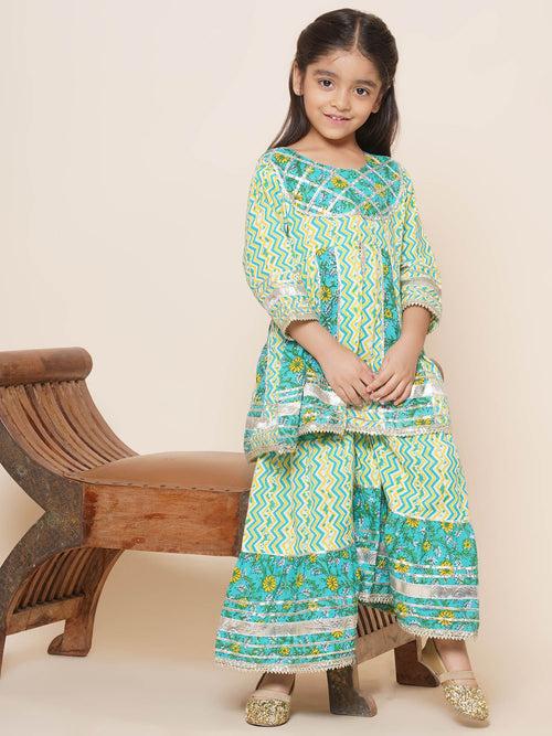 Girls Cotton Green Anarkali Kurta Sharara Set