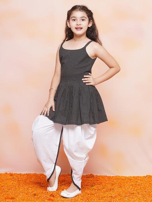 Girls Cotton Stripe Print Sleeveless A Line Black Kurta Dhoti Set