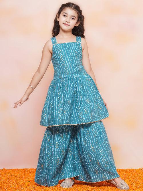 Girls Cotton Bandhani Print Blue Sleeveless A Line Kurta Sharara Set