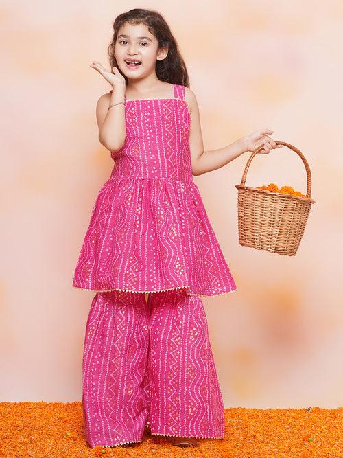 Girls Cotton Bandhani Print Pink Sleeveless A Line Kurta Sharara Set