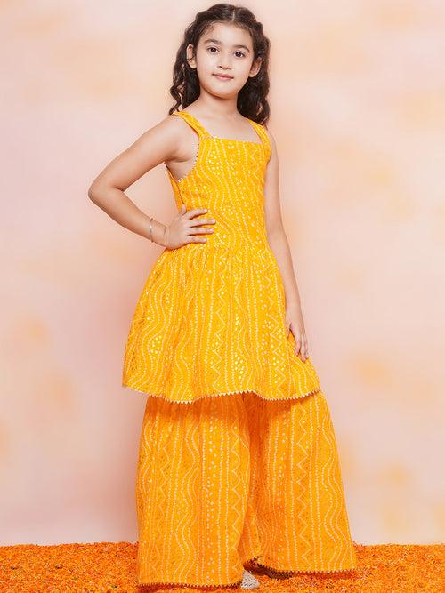 Girls Cotton Bandhani Print Yellow Sleeveless A Line Kurta Sharara Set