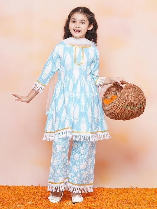 Girls Cotton Printed 3/4th Sleeve Blue Kurta Sharara set