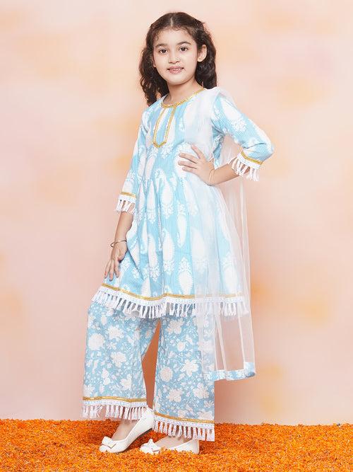 Girls Cotton Printed 3/4th Sleeve Blue Kurta Sharara set