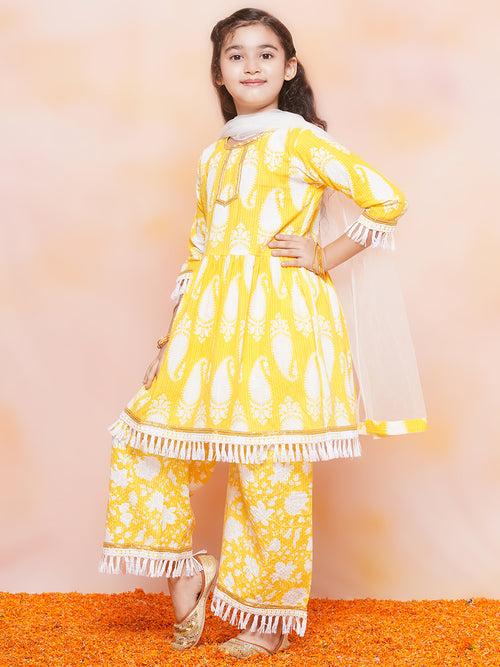 Girls Cotton Printed 3/4th Sleeve Yellow Kurta Sharara set