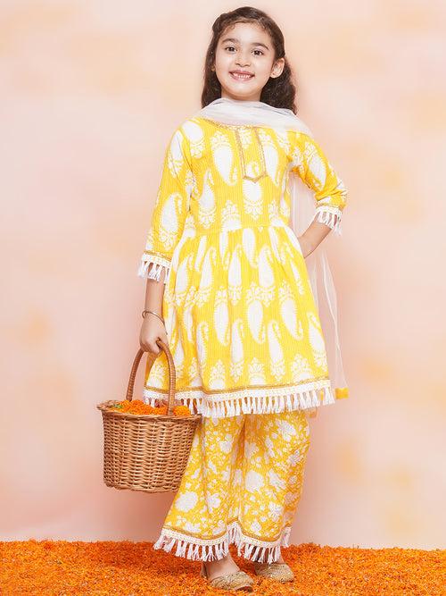 Girls Cotton Printed 3/4th Sleeve Yellow Kurta Sharara set