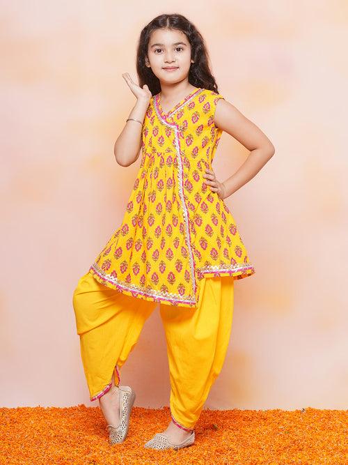 Girls Cotton Floral Printed Sleeveless A Line Yellow Kurta Dhoti Set