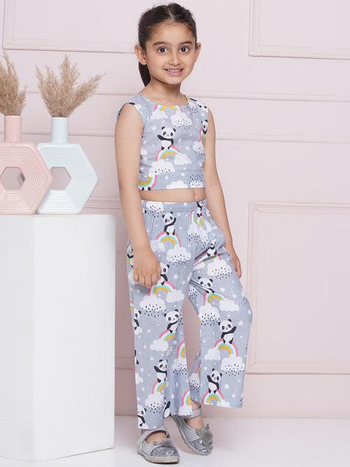 Grey Sleeveless Cotton CO-ORD Set with panda rainbow and cloud Print and Round Neck for Girls