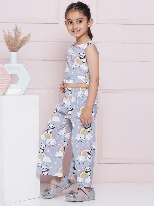 Grey Sleeveless Cotton CO-ORD Set with panda rainbow and cloud Print and Round Neck for Girls