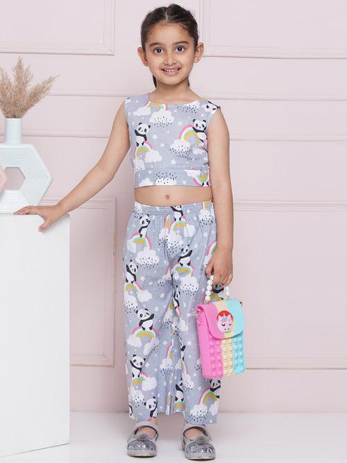 Grey Sleeveless Cotton CO-ORD Set with panda rainbow and cloud Print and Round Neck for Girls