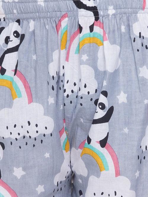 Grey Sleeveless Cotton CO-ORD Set with panda rainbow and cloud Print and Round Neck for Girls